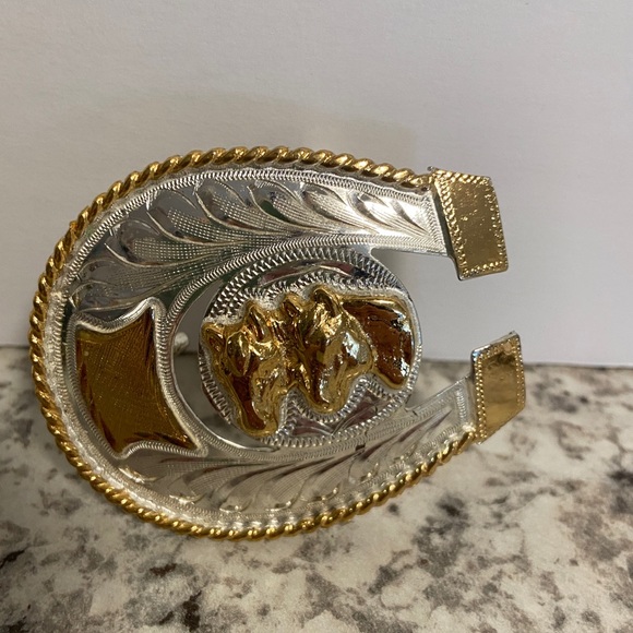 Mexican Alpaca Silver Gold Tone Horseshoe Belt Buckle - Picture 3 of 7